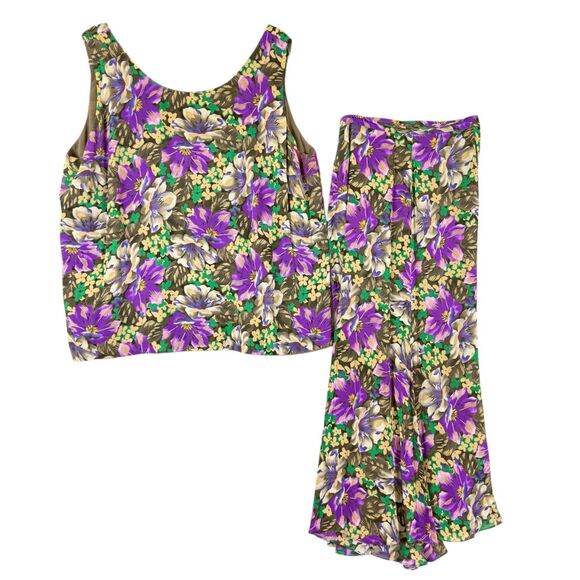 2 pc Dana Buchman Plus Sz 20 Skirt Set Silk Tank Top Purple Floral A Line Flare - Picture 1 of 12